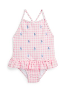 Ralph Lauren: Polo Polo Ralph Lauren Baby Girls Polo Pony Ruffled One-Piece Swimsuit - Carmel Pink Gingham with Blue Hyacinth