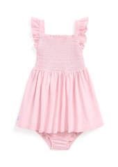 Ralph Lauren: Polo Polo Ralph Lauren Baby Girls Smocked Cotton Jersey Dress and Bloomer Set - Garden Pink with Blue Hyacinth