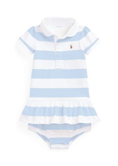 Ralph Lauren: Polo Polo Ralph Lauren Baby Girls Striped Cotton Rugby Dress and Bloomer Set - Office Blue, White
