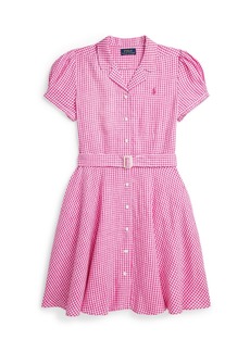 Ralph Lauren: Polo Polo Ralph Lauren Big Girls Belted Gingham Linen Dress - Belmont Pink White