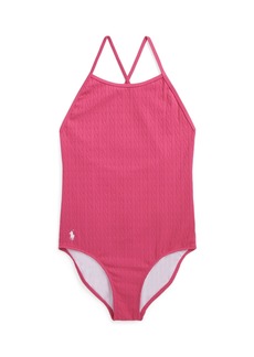 Ralph Lauren: Polo Polo Ralph Lauren Big Girls Stretch Jacquard One-Piece Swimsuit - Bright Pink with White