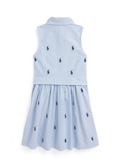 Ralph Lauren: Polo Polo Ralph Lauren Toddler and Little Girls Belted Polo Pony Oxford Sleeveless Shirtdress - Blue Hyacinth