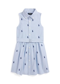 Ralph Lauren: Polo Polo Ralph Lauren Toddler and Little Girls Belted Polo Pony Oxford Sleeveless Shirtdress - Blue Hyacinth