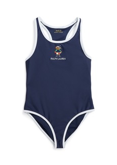 Ralph Lauren: Polo Polo Ralph Lauren Toddler and Little Girls Polo Bear Round Neck One-Piece Swimsuit - Newport Navy with White
