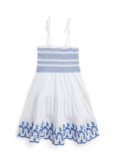 Ralph Lauren: Polo Polo Ralph Lauren Toddler and Little Girls Smocked Eyelet Cotton Jersey Dress - White with Brilliant Sapphire