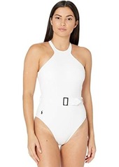 Ralph Lauren: Polo Ribbed Solids High Neck Belted One-Piece