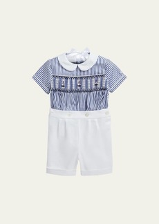 Ralph Lauren Childrenswear Boy's Nautical-Inspired Smocked Shirt And Linen Set  Size 9M-24M