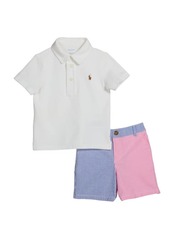 Ralph Lauren Childrenswear Boy's Short-Sleeve Polo Shirt w/ Striped Oxford Shorts  Size 6-24M