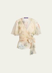 Ralph Lauren Collection Amilea Floral Watercolor Flutter-Sleeve Silk Wrap Top