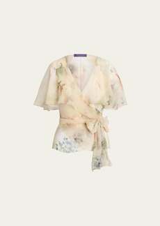 Ralph Lauren Collection Amilea Floral Watercolor Flutter-Sleeve Silk Wrap Top