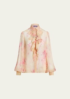 Ralph Lauren Collection Dylon Floral Watercolor Ruffle-Bib Organza Collared Shirt
