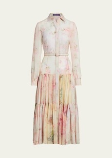 Ralph Lauren Collection Ellasandra Floral Watercolor Tiered Midi Belted Dress