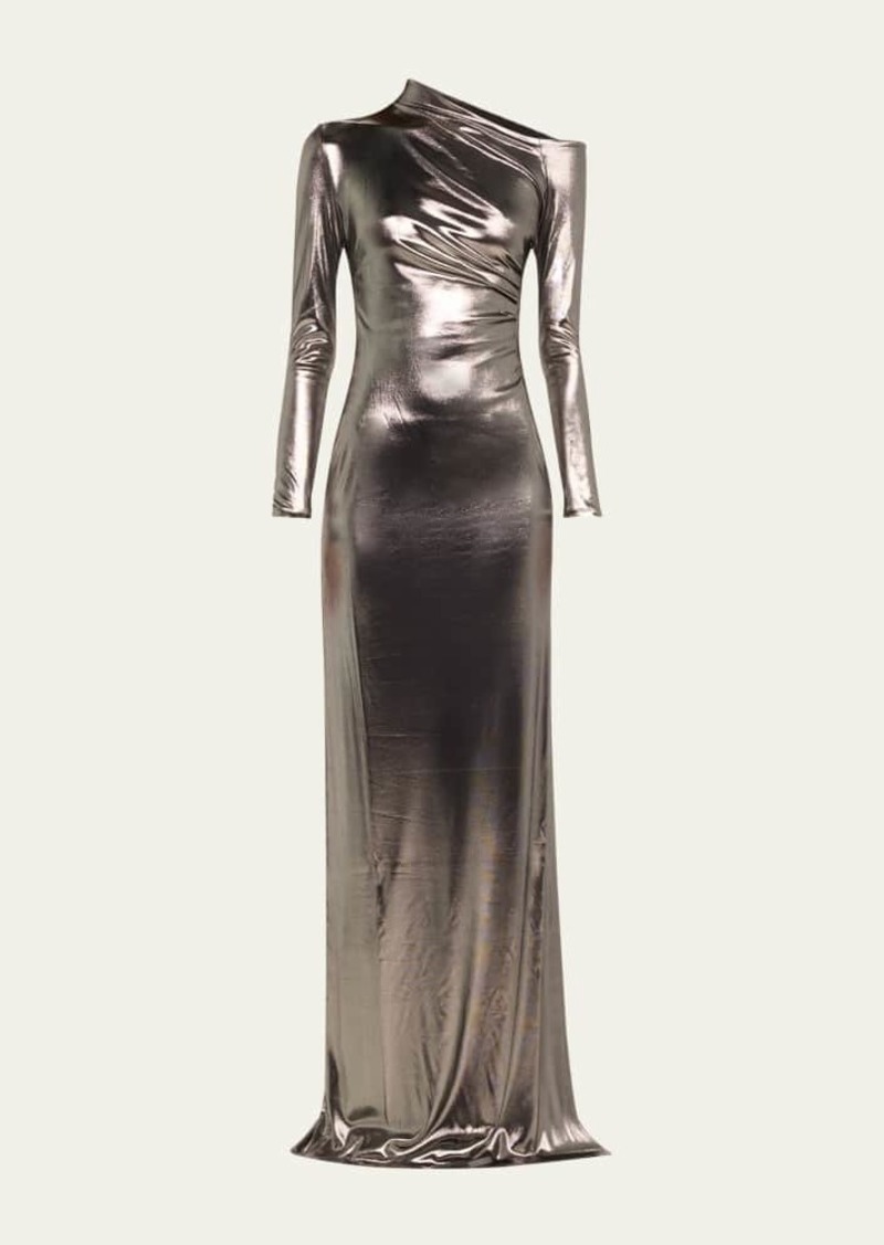 Ralph Lauren Metallic Long-Sleeve Ruched Gown