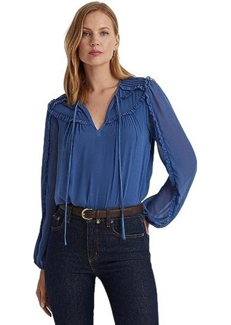 Ralph Lauren Ruffle-Trim Georgette Tie-Neck Blouse