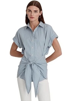 Ralph Lauren Striped Tie Front Cotton Broadcloth Shirt