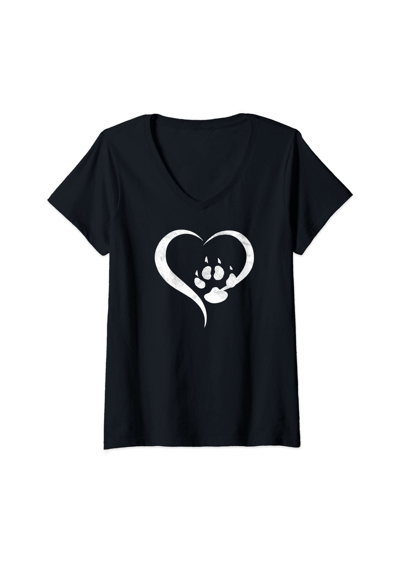 Ralph Lauren Womens For The Love Of My Cat - White Heart & Cat Paw - Grunge V-Neck T-Shirt