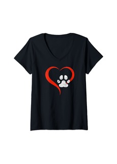 Ralph Lauren Womens For The Love Of My Dog- Red Heart & White Dog Paw - Grunge V-Neck T-Shirt