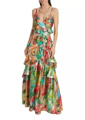 Ramy Brook Harlen Floral Metallic Ruffled Gown