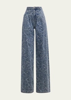 Ramy Brook Adley High-Rise Wide-Leg Floral-Embroidered Jeans
