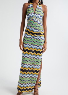 Ramy Brook Alia Mulitcolor Wave Jacquard Halter Maxi Dress