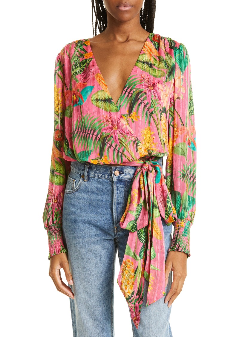 Ramy Brook Quentin Floral Metallic Stripe Silk Blend Top in Wild Pink Combo at Nordstrom Rack