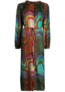 Raquel Allegra wave pattern frilled-neckline silk dress