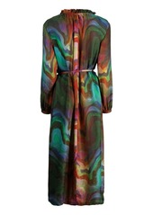 Raquel Allegra wave pattern frilled-neckline silk dress