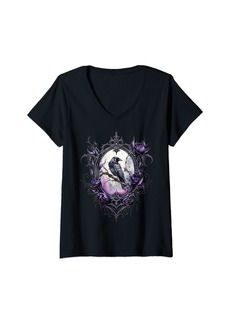 Raven Clothing Womens Gothic Halloween Raven Rose Purple Majestic Bird V-Neck T-Shirt