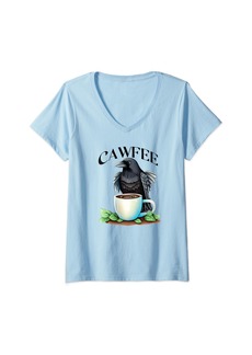 Raven Clothing Womens Cawfee Raven Crow Coffee Cup Leaves Bird Lover V-Neck T-Shirt