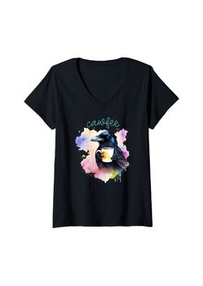 Raven Clothing Womens Cawfee Raven Crow Coffee Cup Watercolor Bird Lover V-Neck T-Shirt