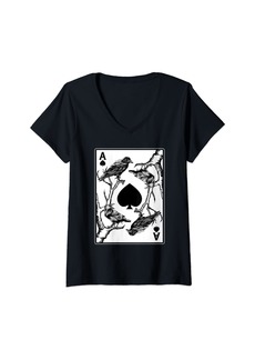 Raven Clothing Womens Crow And The Ace Of Spade Occult Death Aesthetic Tarot Card V-Neck T-Shirt