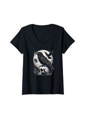 Raven Clothing Womens Gothic Raven Skull And Moon Art Crow Design V-Neck T-Shirt
