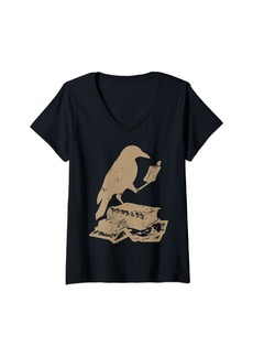 Raven Clothing Womens Raven Reading Book Pastel Goth Art Lovers Cottagecore Nerd V-Neck T-Shirt