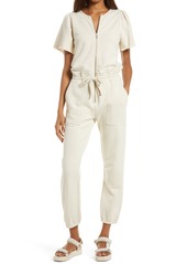 Rebecca Minkoff Mila Zip Front Short Sleeve Cotton Jumpsuit in Stone at Nordstrom
