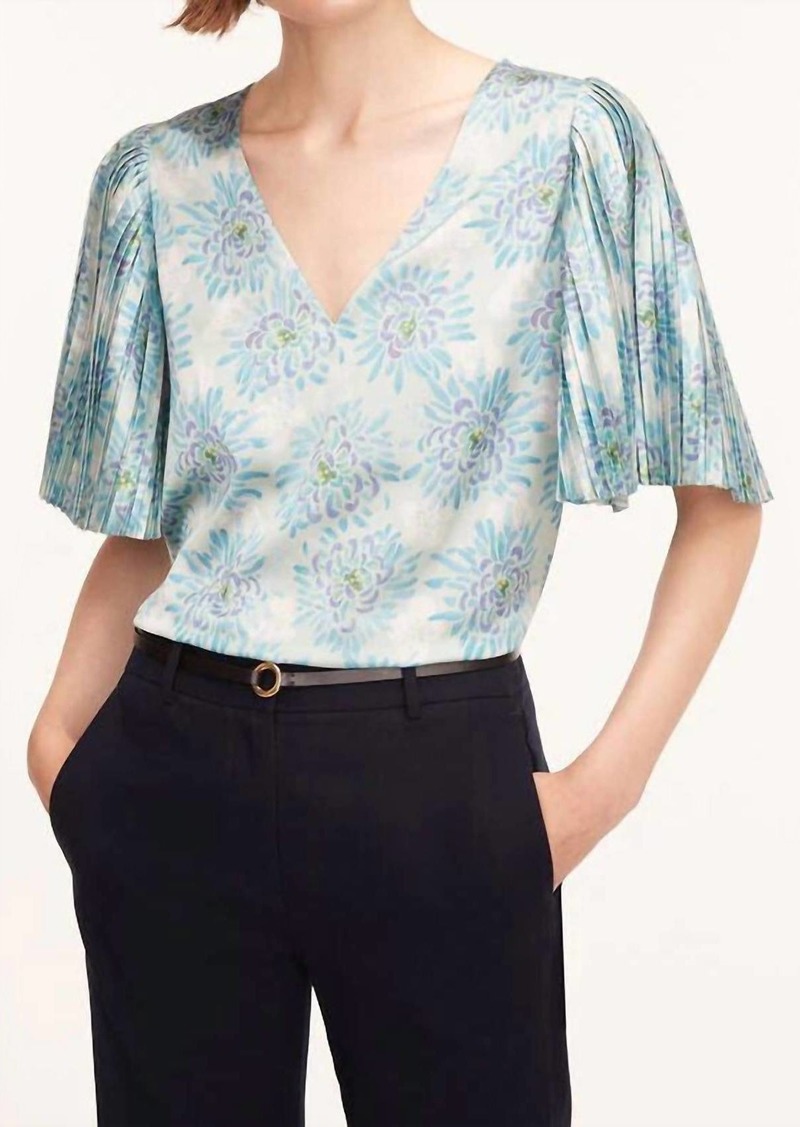 Rebecca Taylor Pleated Sleeve Top In Astera Fleur Turquoise Combo