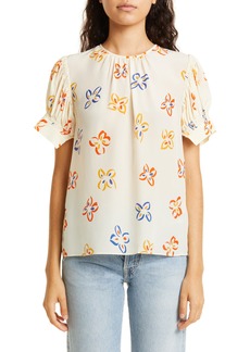 Rebecca Taylor Flame Floral Print Puff Sleeve Silk Blouse in Flame Fleur Tapioca Combo at Nordstrom Rack