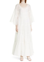 Rebecca Taylor Ruched Bell Sleeve Cotton & Silk Tiered Dress in Snow at Nordstrom