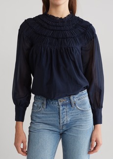 Rebecca Taylor Smocked Cotton & Silk Top in Navy at Nordstrom Rack