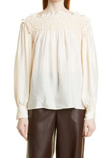 Rebecca Taylor Smocked Yoke Cotton Blouse in Snow at Nordstrom