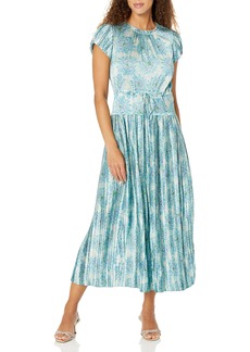 Rebecca Taylor Women's Pleated Puffed Sleeve Dress ASTERA Fleur Turquoise Combo Extra Large