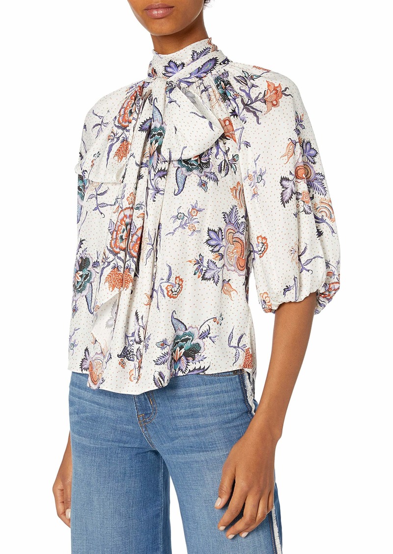 Rebecca Taylor Women's Short Sleeve Floral Flowy Blouse with Tie at Neck