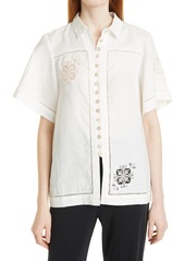 Rebecca Taylor Crochet Lace Inset Linen Shirt in Gardenia at Nordstrom