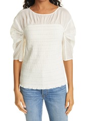 Rebecca Taylor Ruched Long Sleeve Cotton & Silk Blouse in Bone at Nordstrom