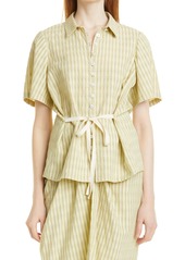 Rebecca Taylor Stripe Tie Front Cotton Blend Shirt in Lime at Nordstrom