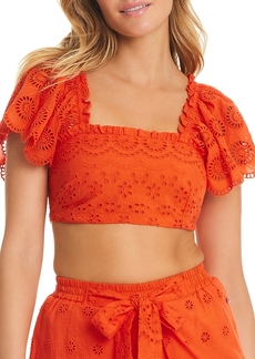 Red Carter Eyelet Puff Sleeve Crop Top Swim Cover-Up