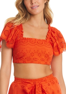Red Carter Women's Flutter-Sleeve Cotton Crop Top - Scorching