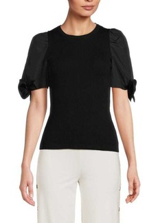 RED Valentino Mix Media Tie Sleeve Ribbed Top