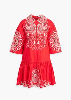 RED Valentino REDValentino - Gathered embroidered cotton-poplin mini dress - Red - IT 36