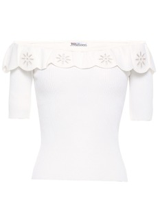 RED Valentino REDValentino - Off-the-shoulder broderie anglaise-trimmed ribbed-knit top - White - XS