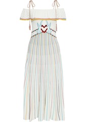 RED Valentino Redvalentino Woman Cold-shoulder Embroidered Pointelle-paneled Ribbed Cotton-blend Midi Dress Off-white